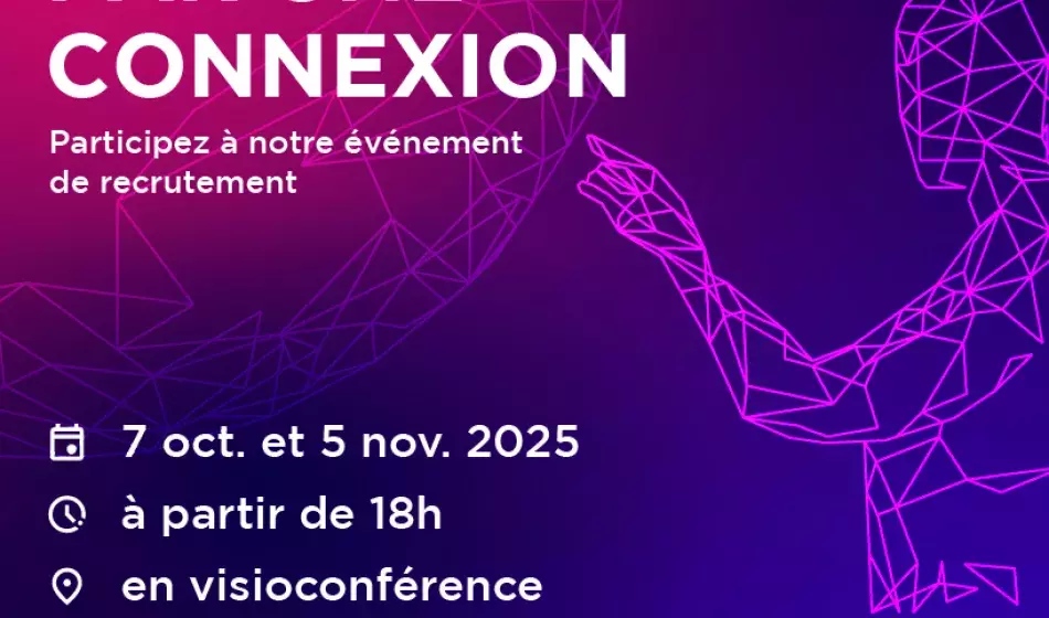 Affiche de l’événement de recrutement mc2i Opportunities intitulé « Tout commence par une connexion », organisé en visioconférence les 7 octobre et 5 novembre 2025 à 18h.